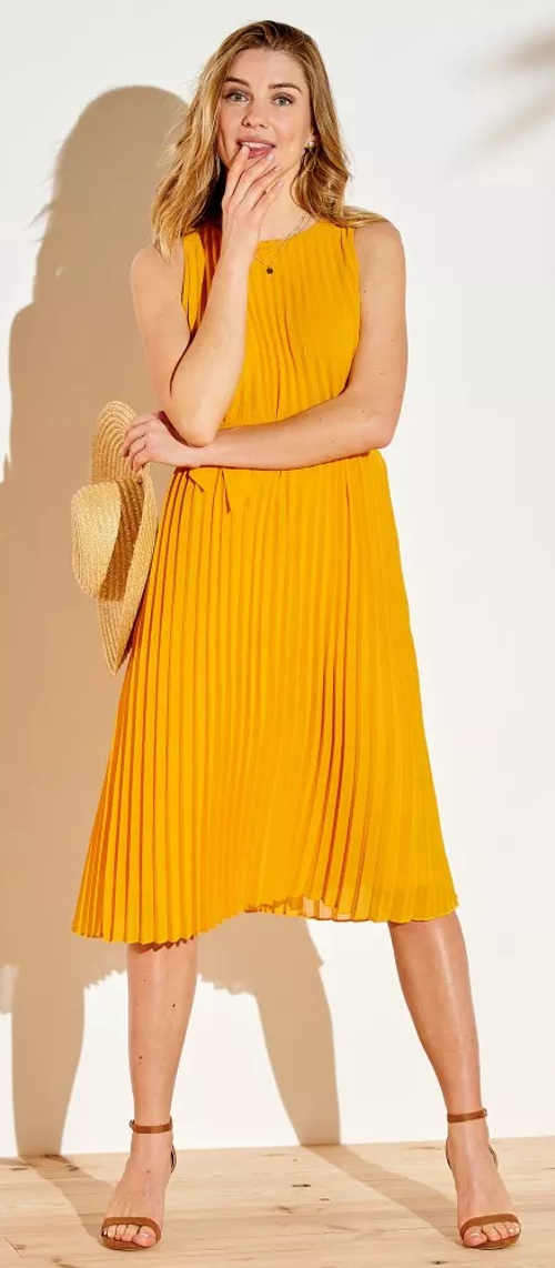 Dámske plisované šaty žiarivo žltej farby