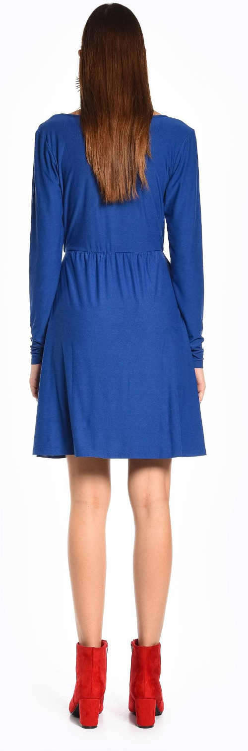 Kratšie modré dámske šaty s dlhými rukávmi