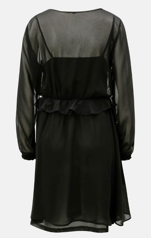 Čierne večerné šaty s volánom v páse
