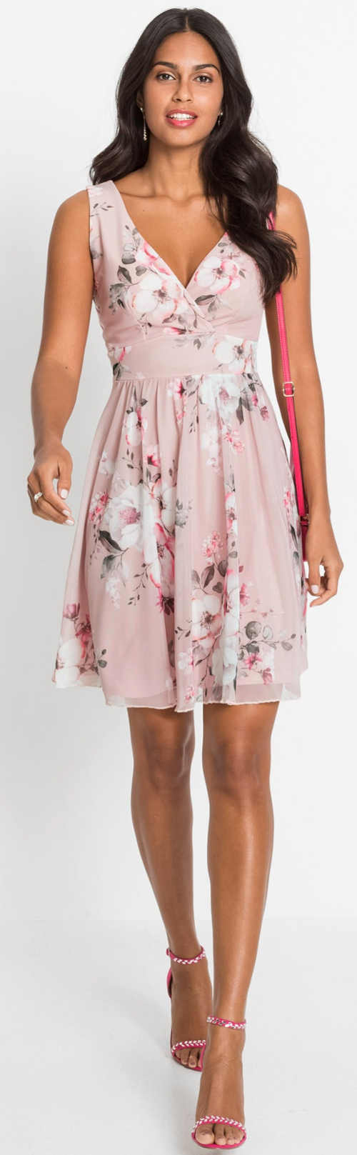 Elegantné ružové dámske letné šaty s kvetinovou potlačou