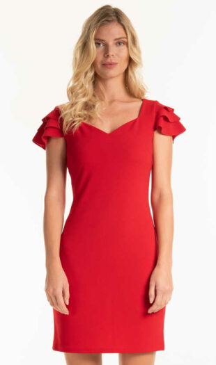 Puzdrové šaty s volánikmi na rukávoch v červenom prevedení