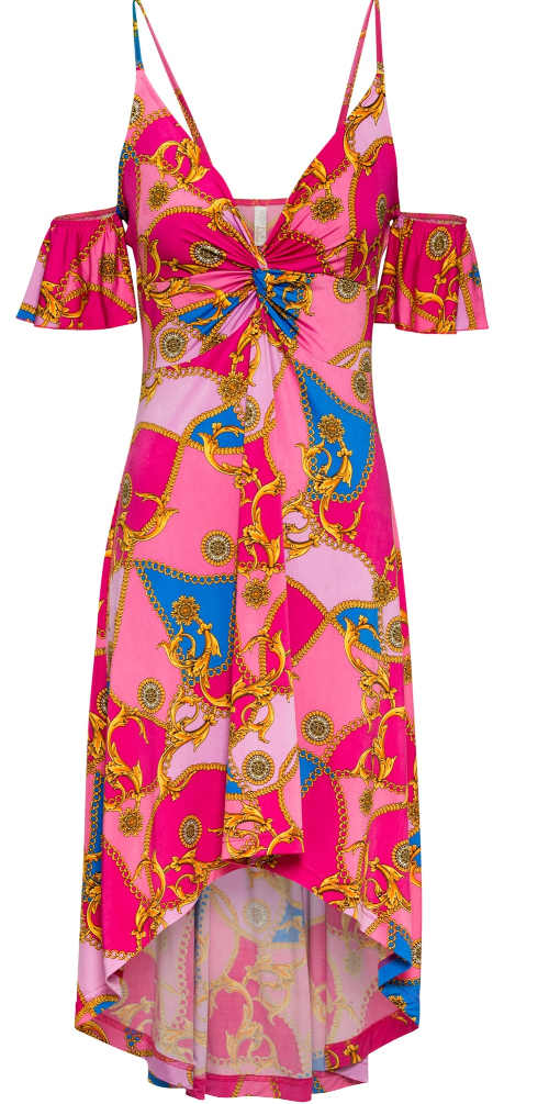 Letné šaty s odhalenými ramenami v jasných farbách