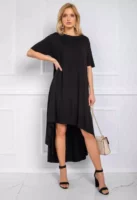 Čierne dámske bavlnené šaty s predĺženou zadnou dĺžkou