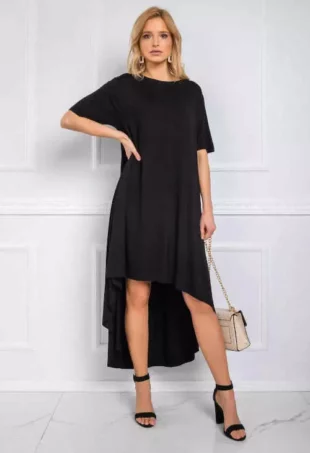 Čierne dámske bavlnené šaty s predĺženou zadnou dĺžkou