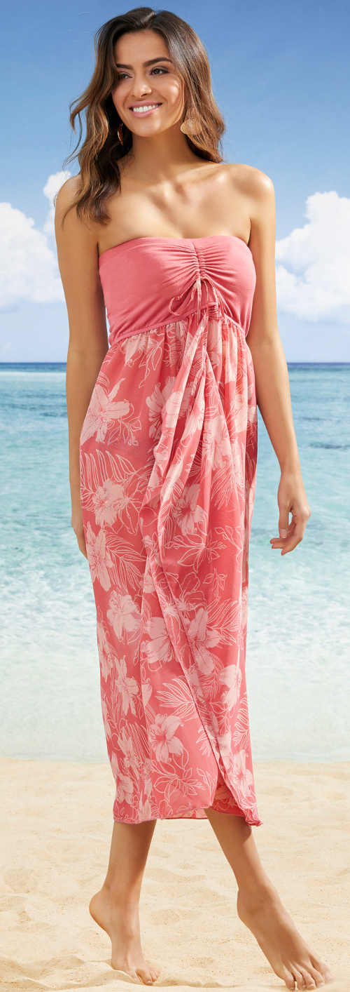 Dlhé ružové plážové šaty bez ramienok