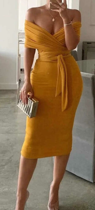 Žlté midi šaty s odhalenými ramenami