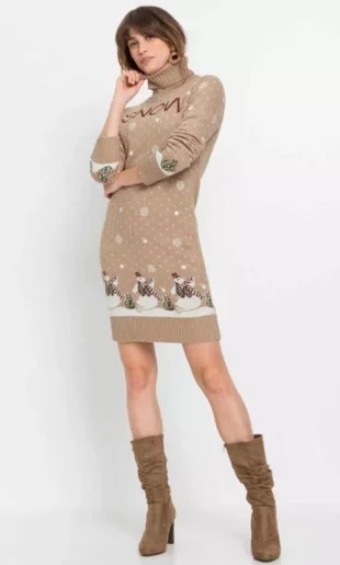 Pletené šaty s rolákovým golierom a tematickým zimným motívom