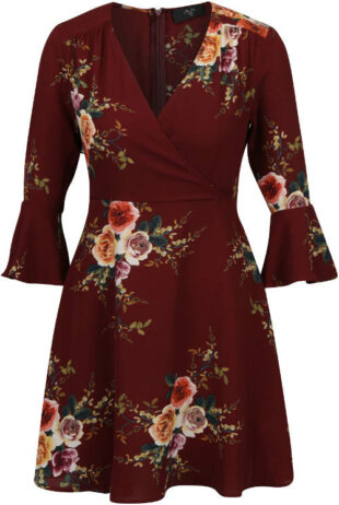 Vínové kvetinové šaty s 3/4 zvonovými rukávmi
