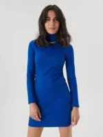 Lacné modré dámske úpletové mini šaty SINSAY s rolákom a dlhými rukávmi