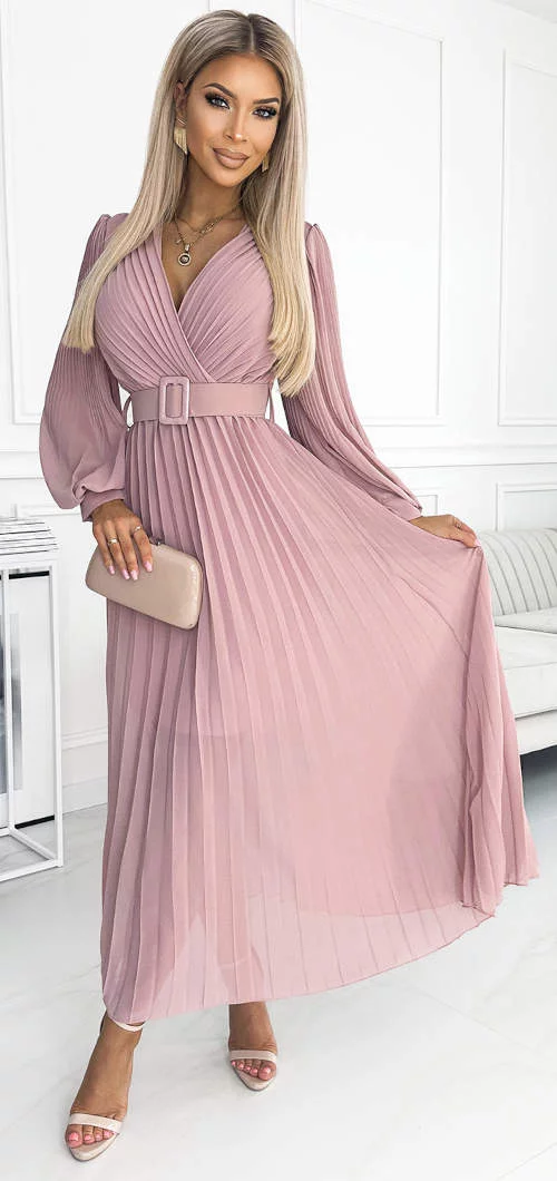 Ružové boho spoločenské plisované šaty so širokou sukňou