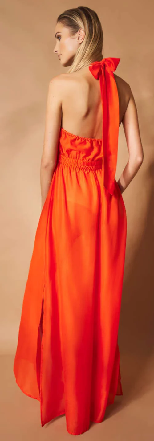 Oranžové plážové šaty s veľkou mašľou za krkom