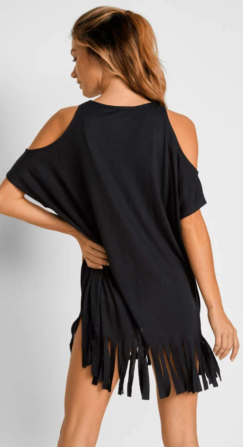 Čierne plážové šaty s odhalenými ramenami