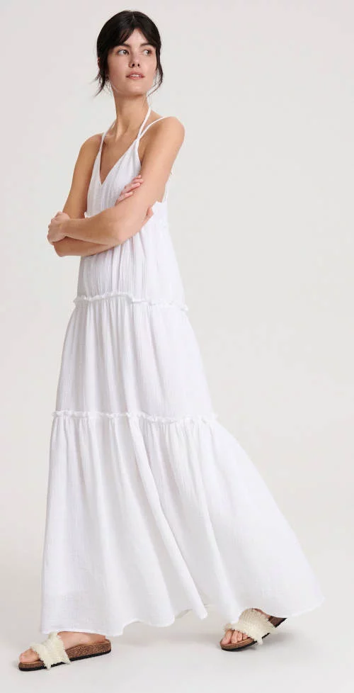 Pohodlné biele dámske letné maxi šaty s tenkými ramienkami