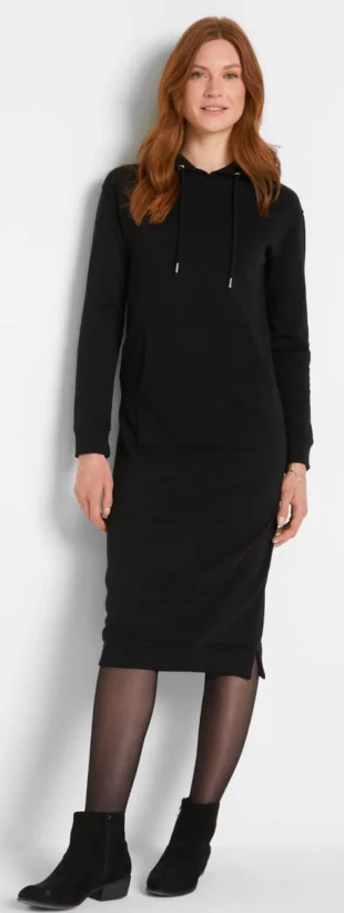 Dlhé čierne mikinové šaty s kapucňou pre moletky