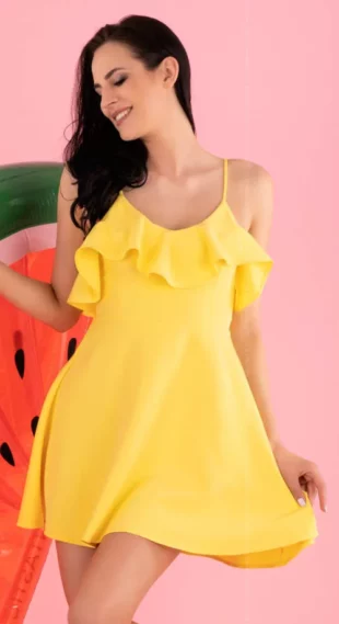 Krátke žlté letné šaty s volánom pres prsa