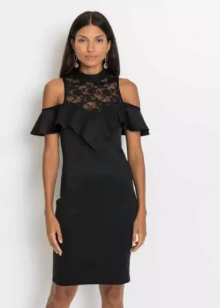 Elegantné čierne šaty s čipkovou vsadkou a rafinovanými výrezmi
