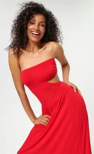 Sexy červené dlhé letné šaty bez ramienok